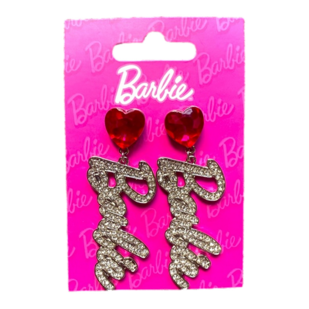 Barbie Silver Rhinestones Logo Heart Post Dangle 2.5" Drop Earrings - NWT